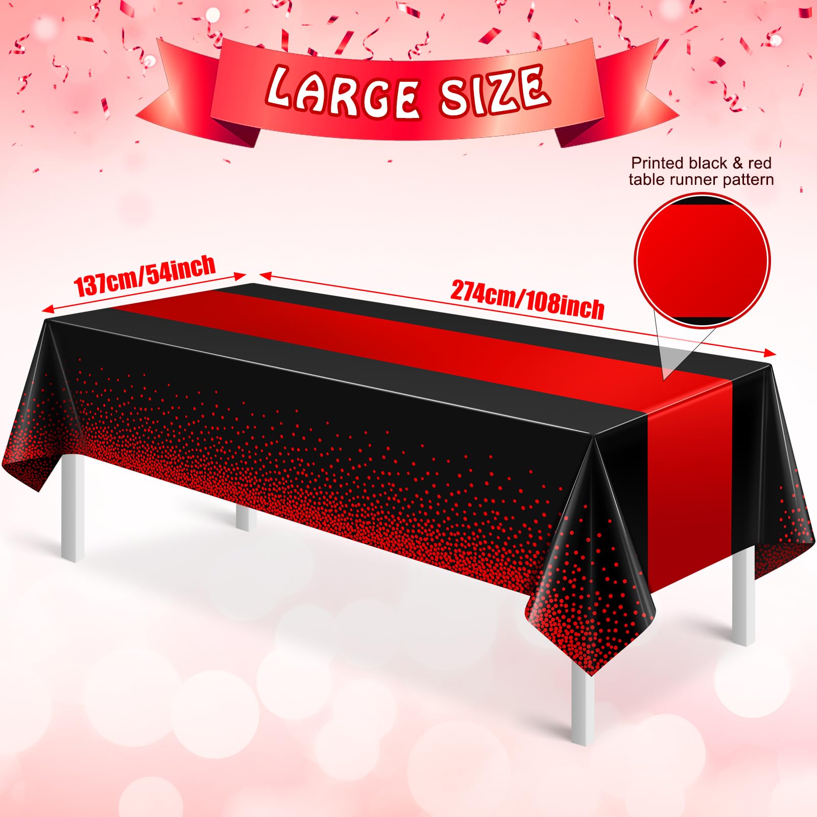 Mantel desechable Mashan negro-rojo con detalle dorado, perfecto para decoraciones rápidas.