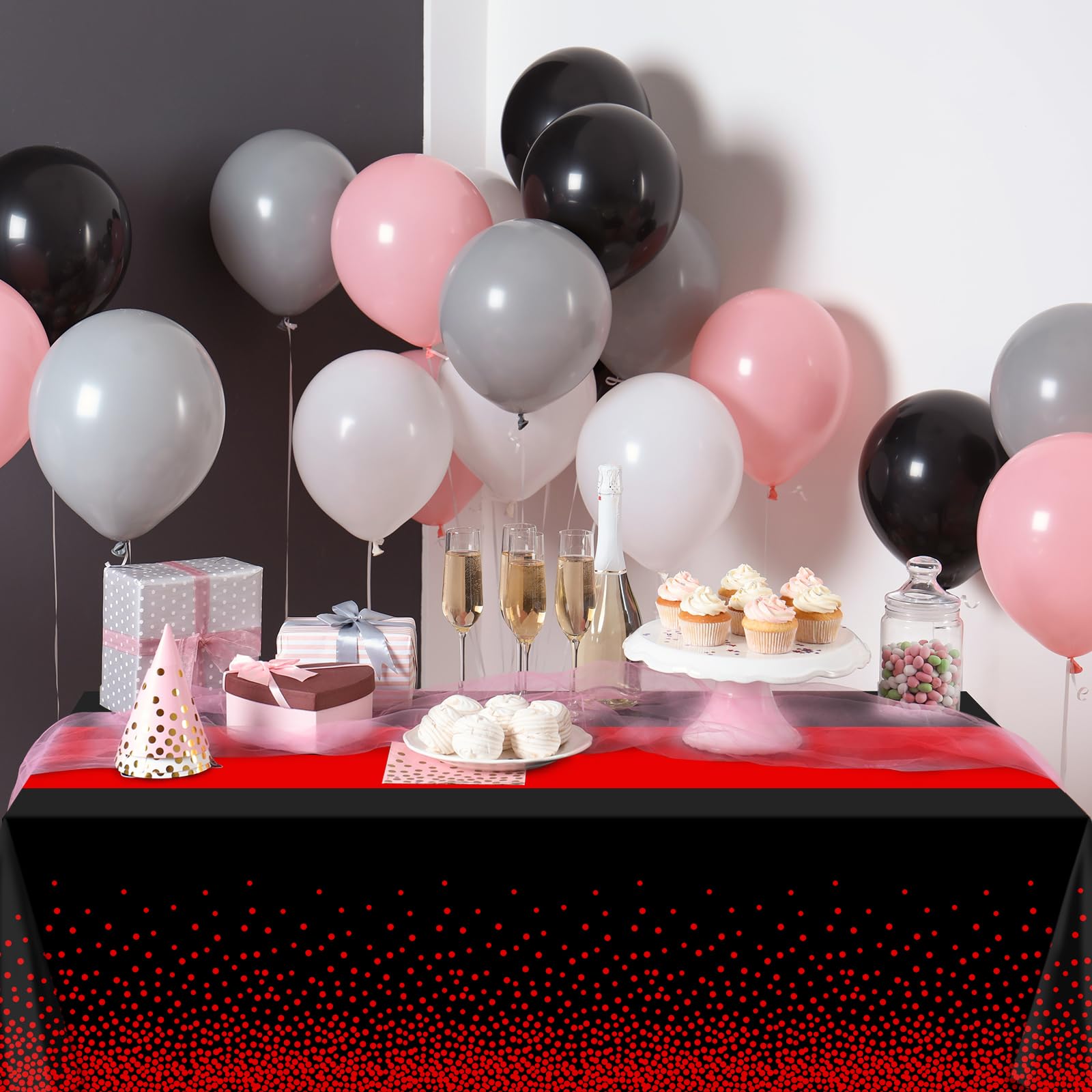 Mantel Mashan para cena y fiesta, negro y rojo, apto para uso interior y exterior.