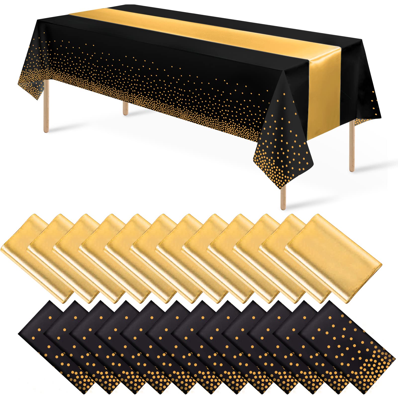 Mantel plástico negro con lunares dorados de MASHAN para fiestas elegantes.