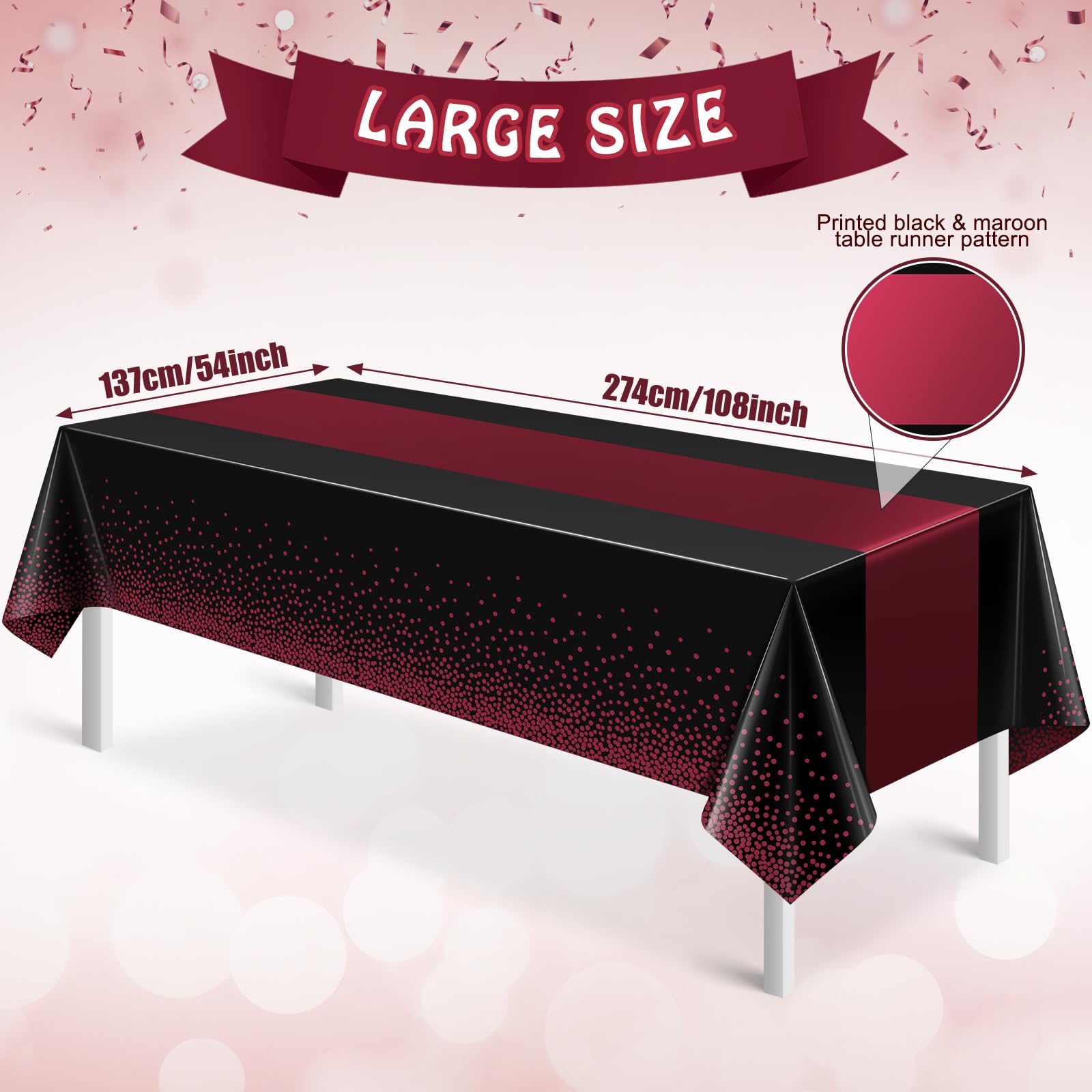 Mantel rectangular MASHAN con puntos granate sobre negro, ideal para mesas grandes