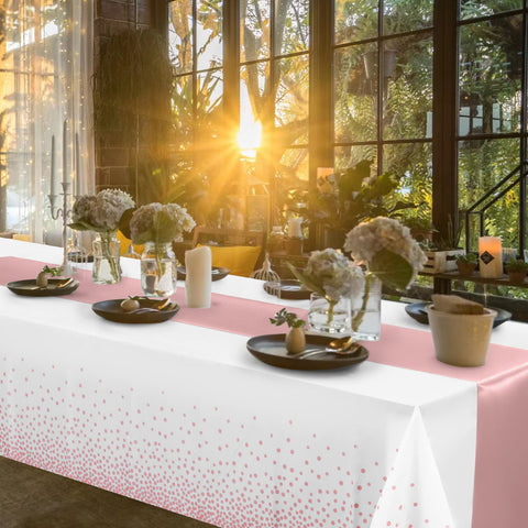 Conjunto Mashan para mesa de eventos: mantel y cinta en rosa dorado.