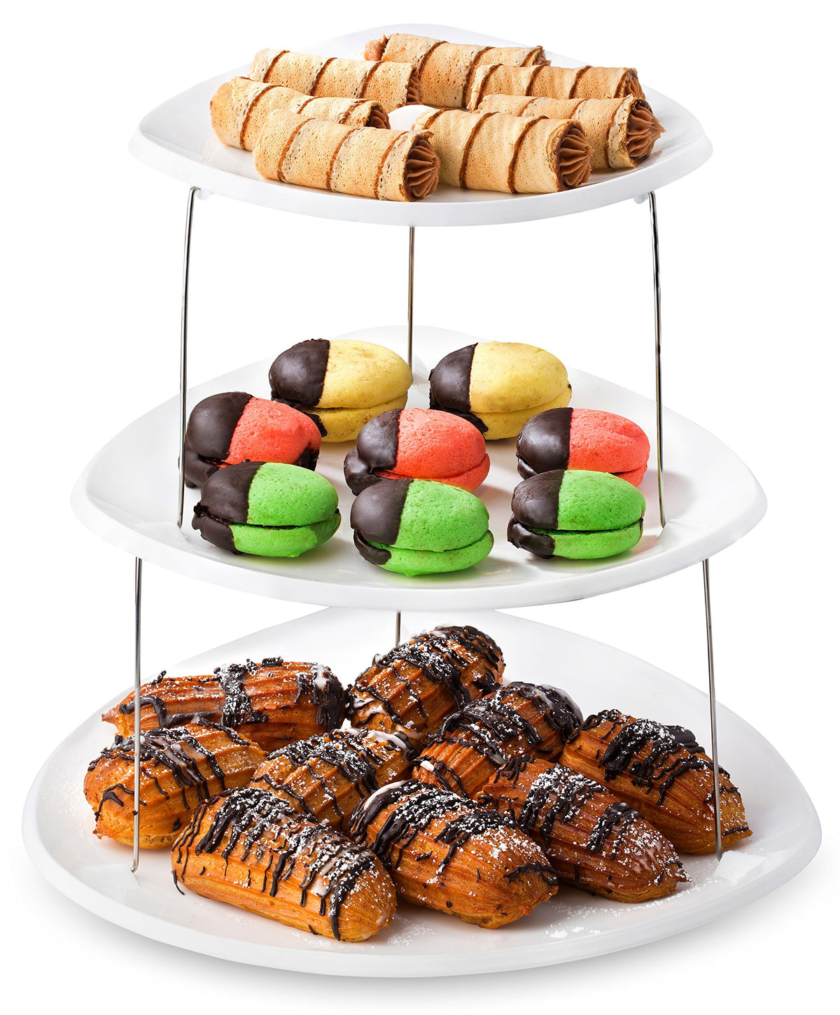 Masirs bandeja plegable de tres niveles para aperitivos, ahorro de espacio.