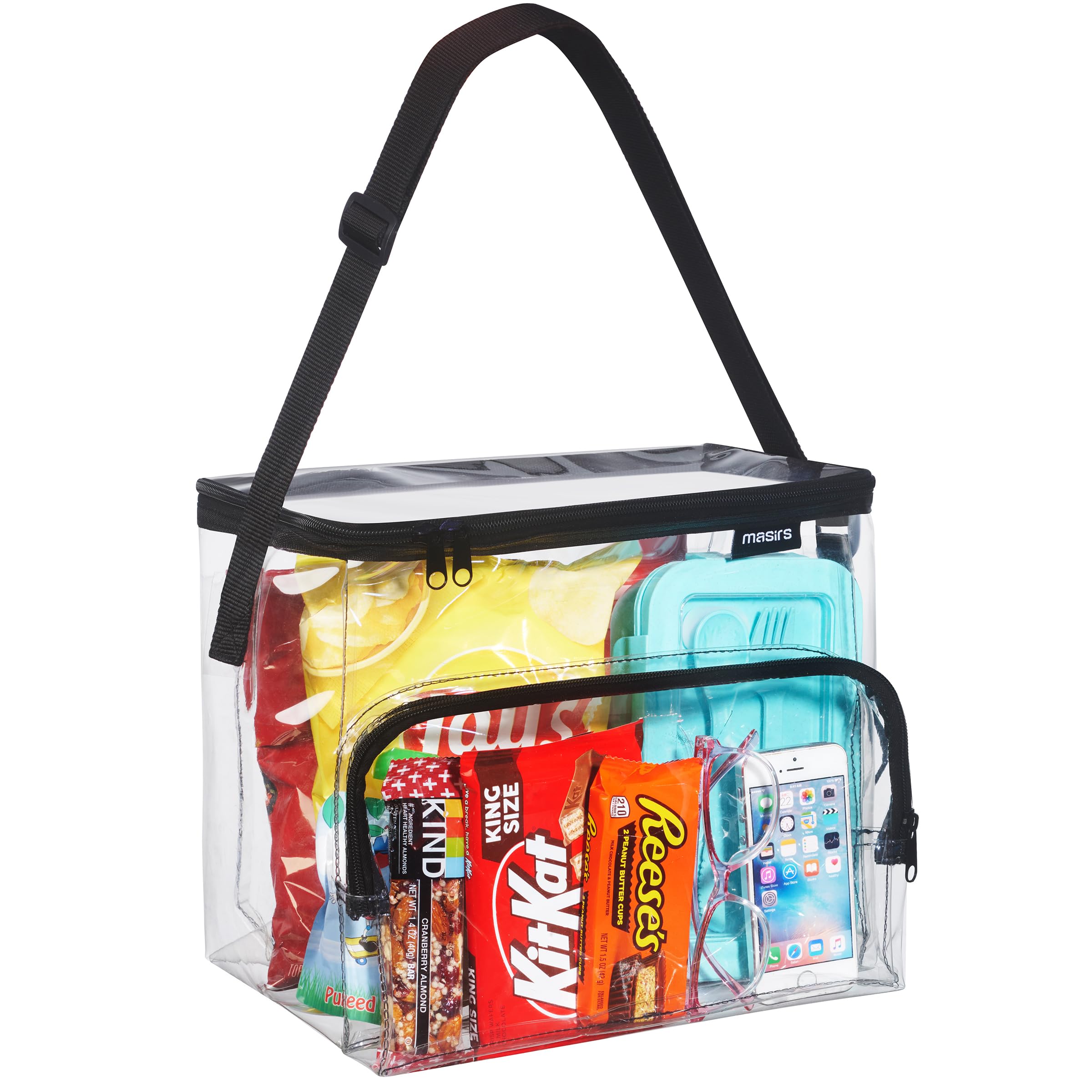Masirs bolsa de almuerzo transparente, vista frontal, ideal para revisiones rápidas en estadio.