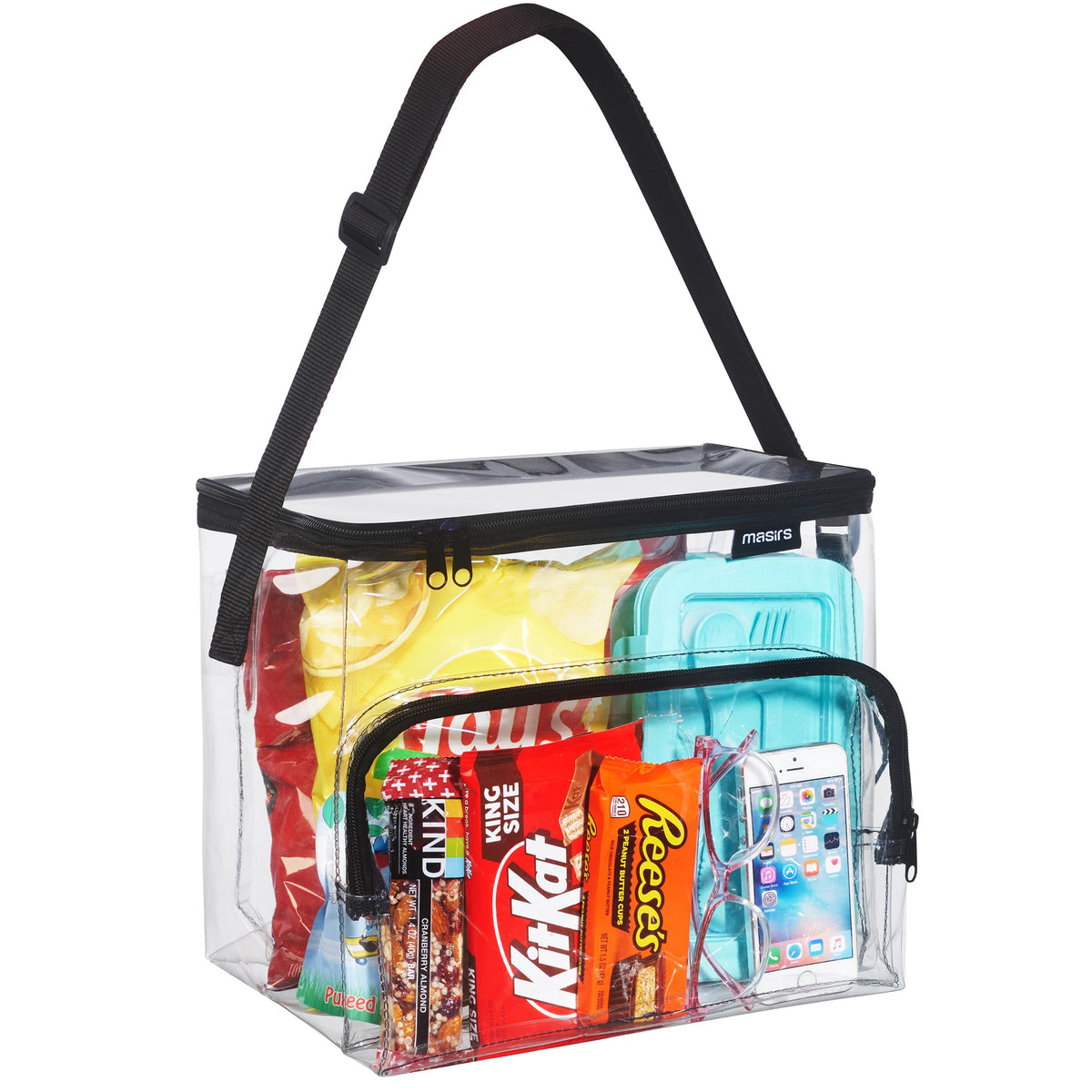 Masirs bolsa de almuerzo transparente, vista frontal, ideal para revisiones rápidas en estadio.