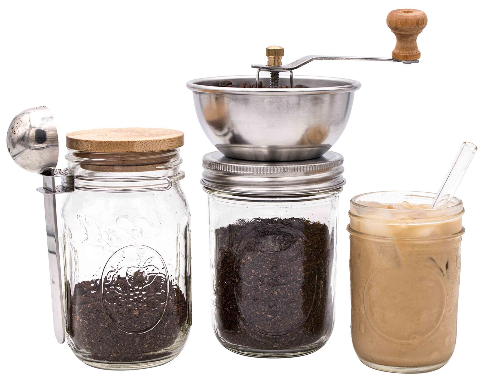 Tapa-molinillo en acción para café fresco directo en tarro Mason Jar Lifestyle