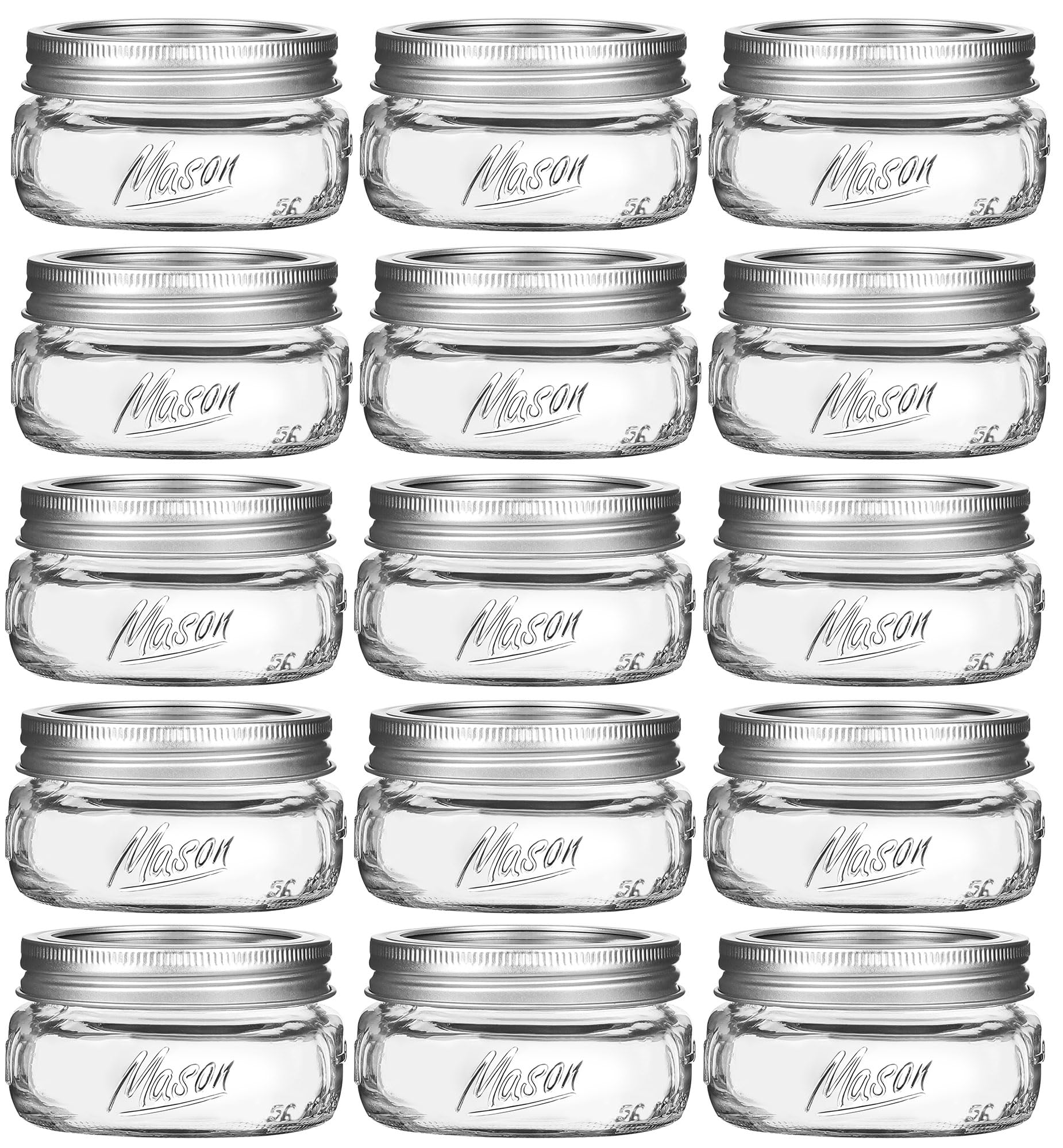 Frascos Mason de 8 oz, boca ancha y tapas plateadas para conservas.