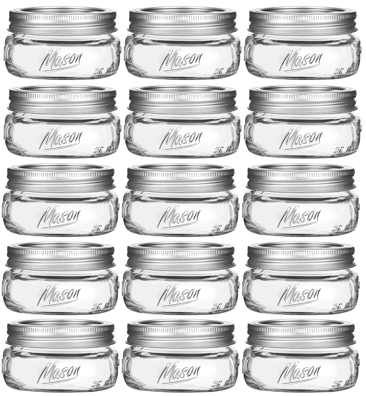 Frascos Mason de 8 oz, boca ancha y tapas plateadas para conservas.