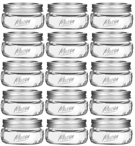 Frascos Mason de 8 oz, boca ancha y tapas plateadas para conservas.