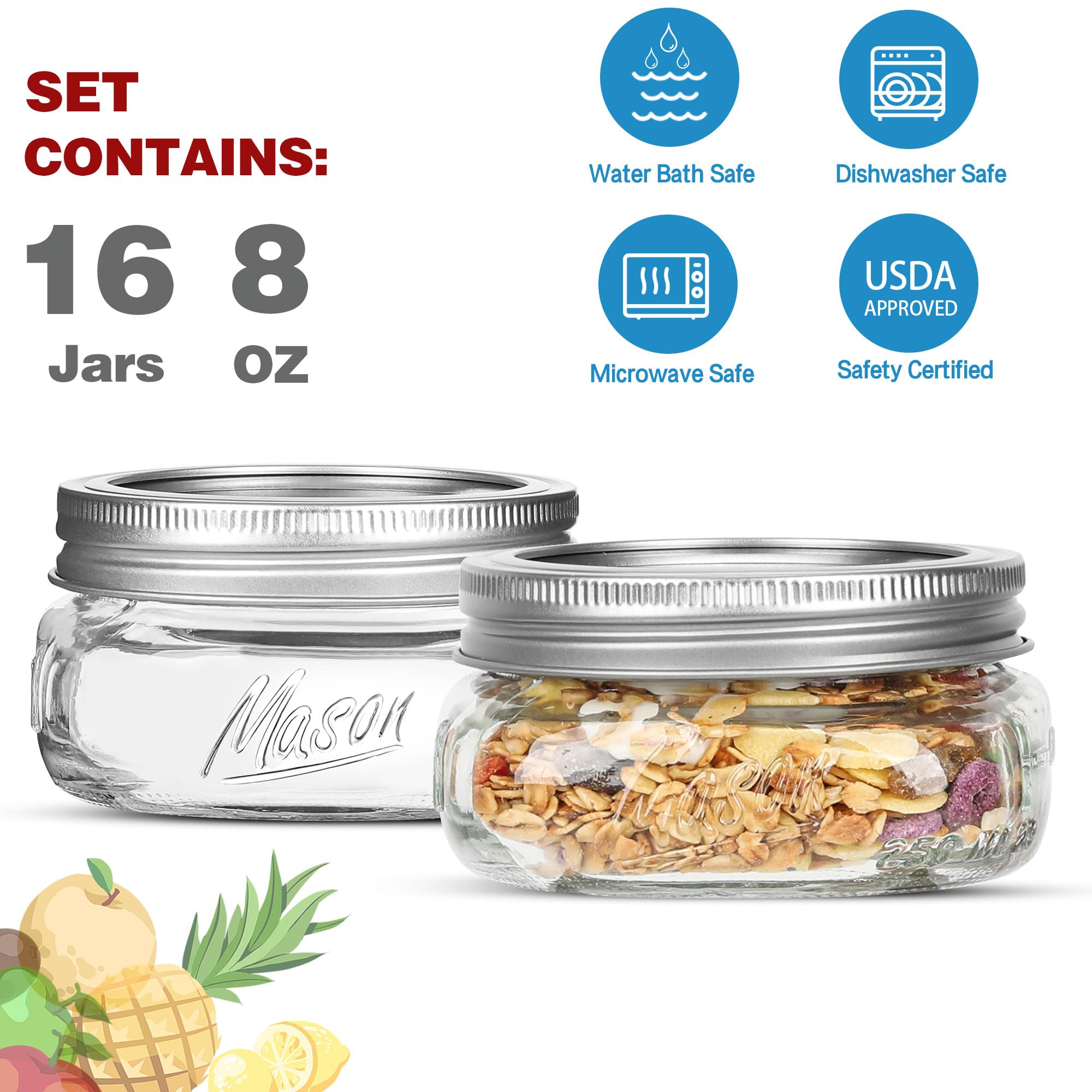 Frascos Mason 8 oz, cierre hermético plateado para frescura prolongada.