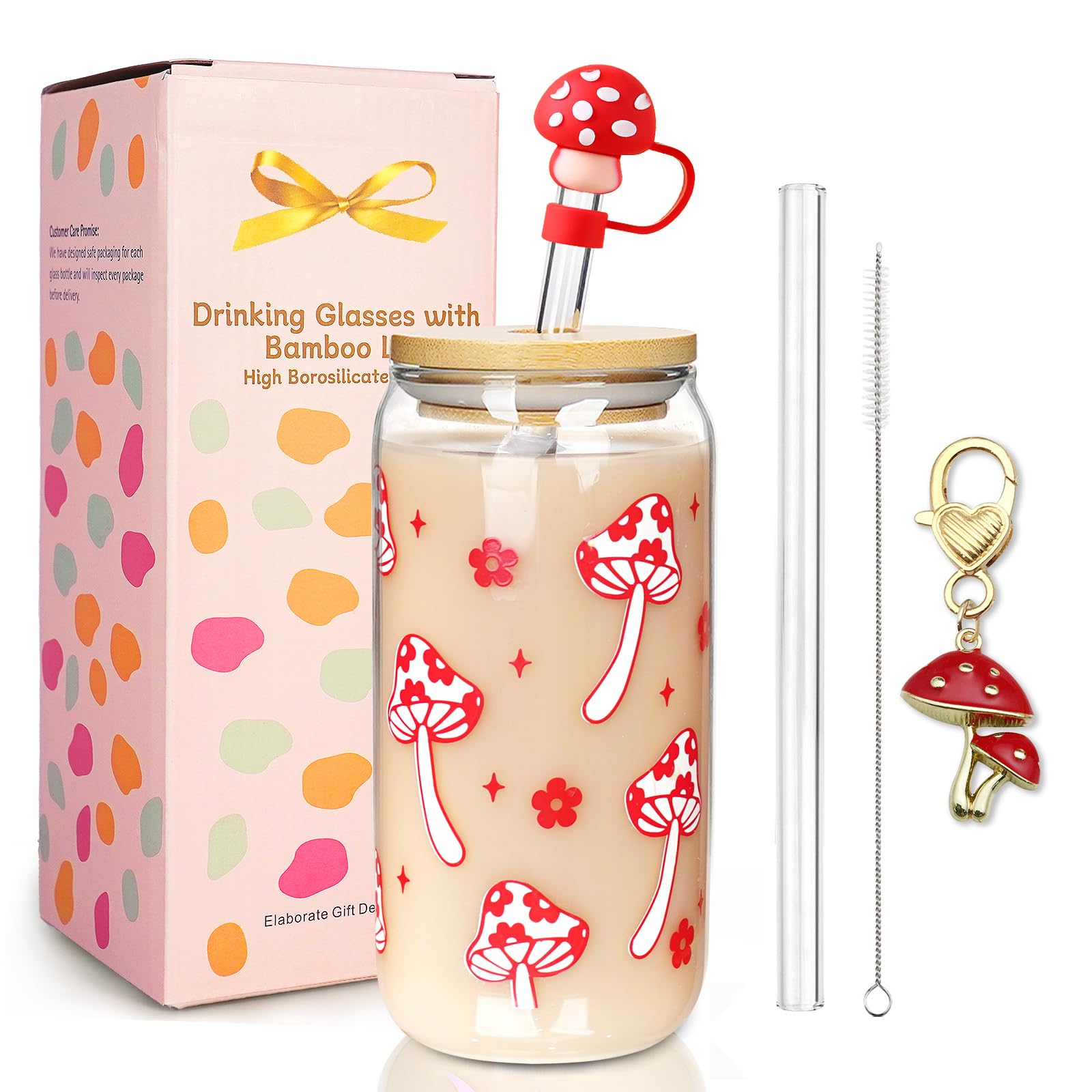 Vaso Mason Life Coqueta de vidrio con diseño hongo, tapa y pajilla para bebidas.