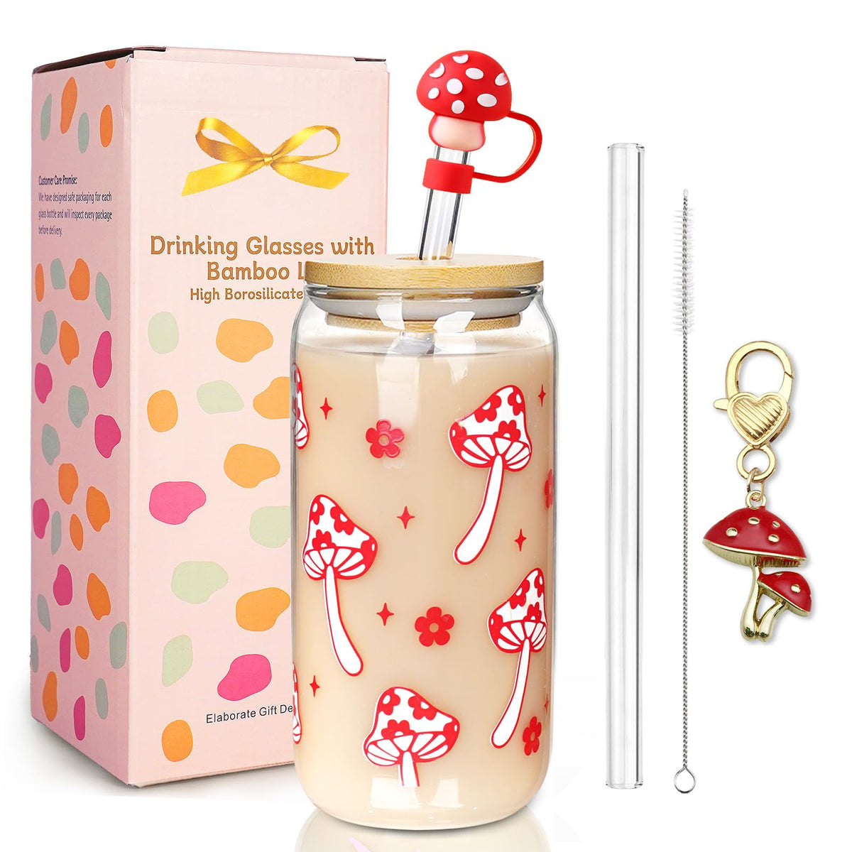 Vaso Mason Life Coqueta de vidrio con diseño hongo, tapa y pajilla para bebidas.