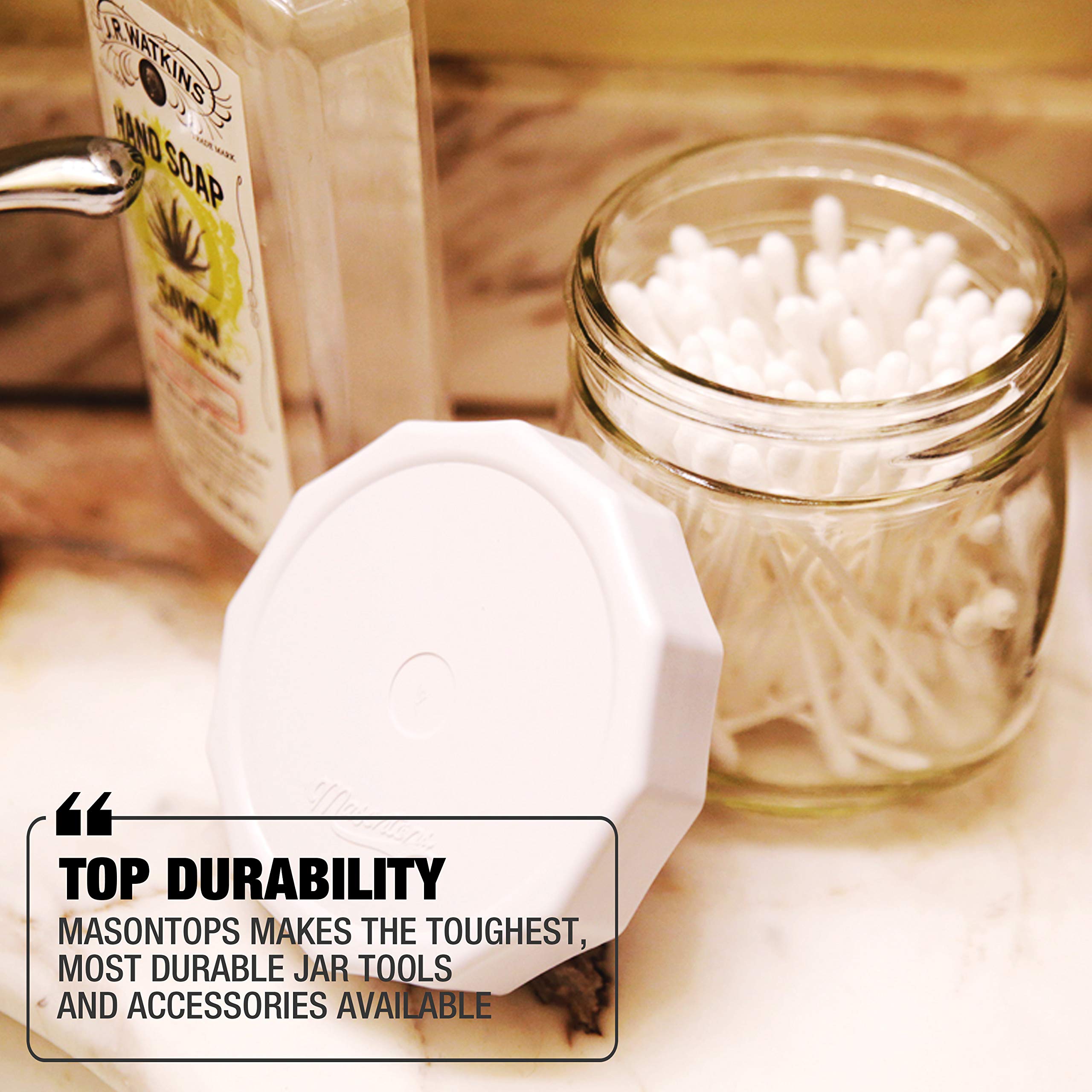 Masontops Tough Tops: tapa boca ancha anti-derrame para bebidas y caldos.