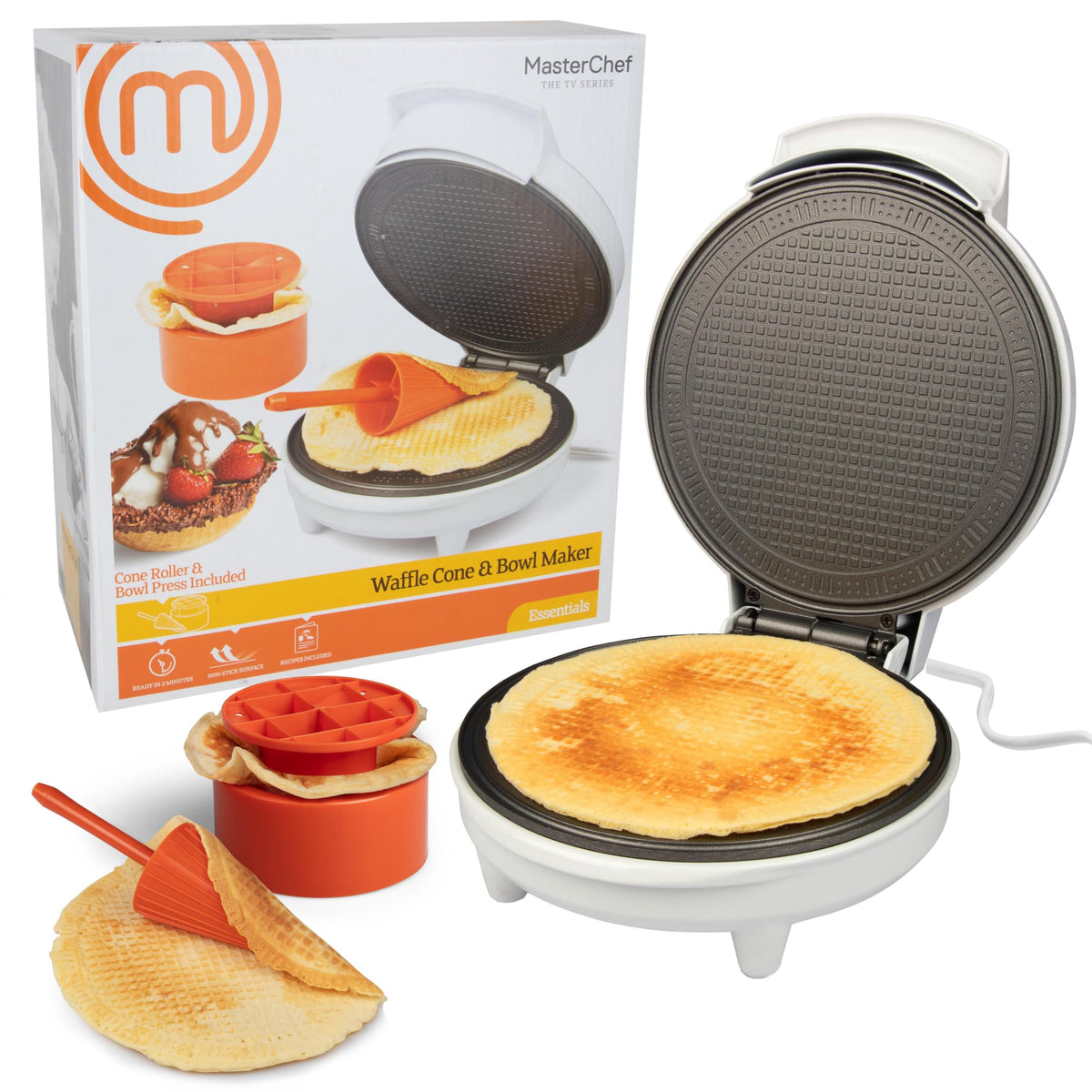 MasterChef máquina cono y cuenco de gofre con placas antiadherentes para limpieza rápida.