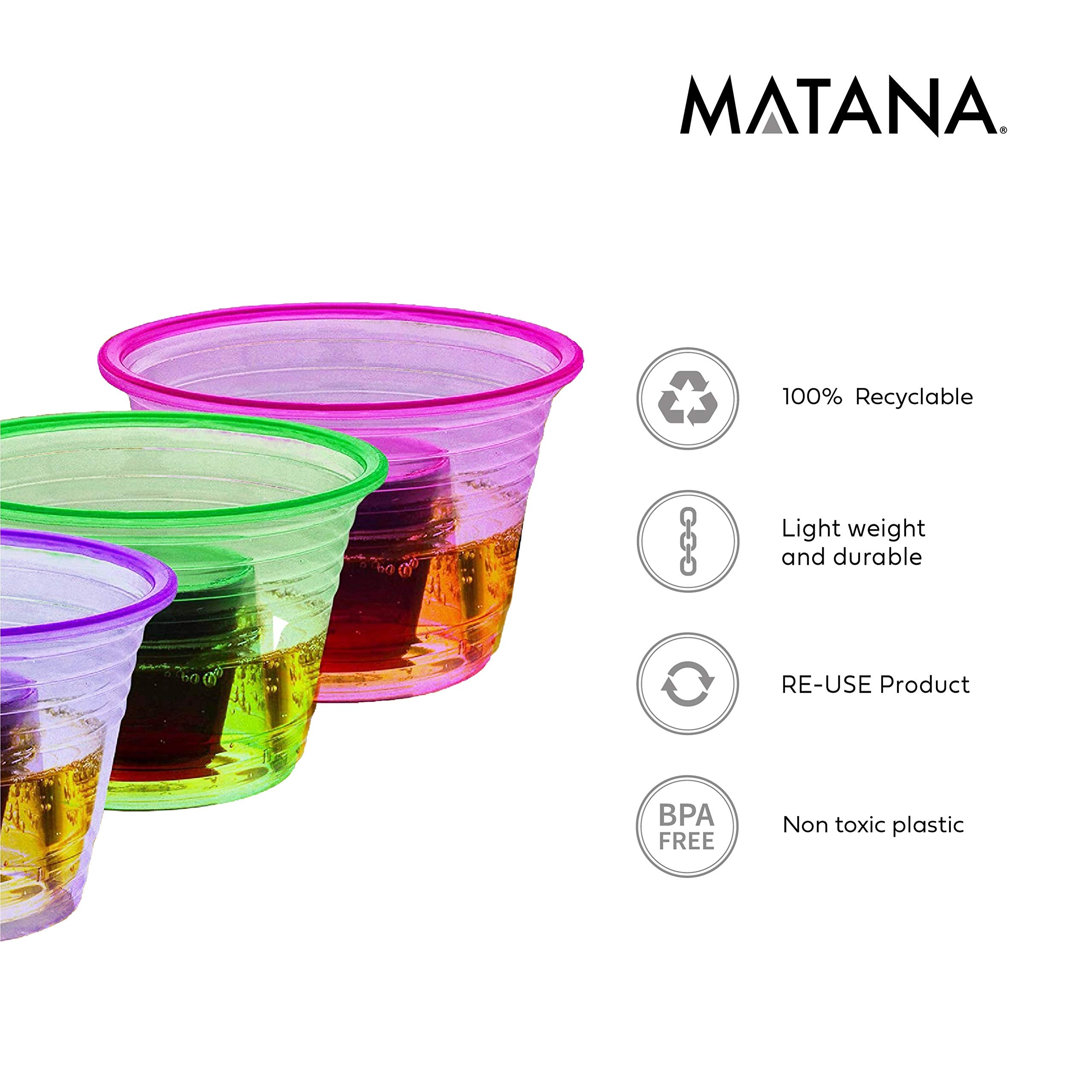 Chupitos MATANA neón tricolor para ambiente festivo.