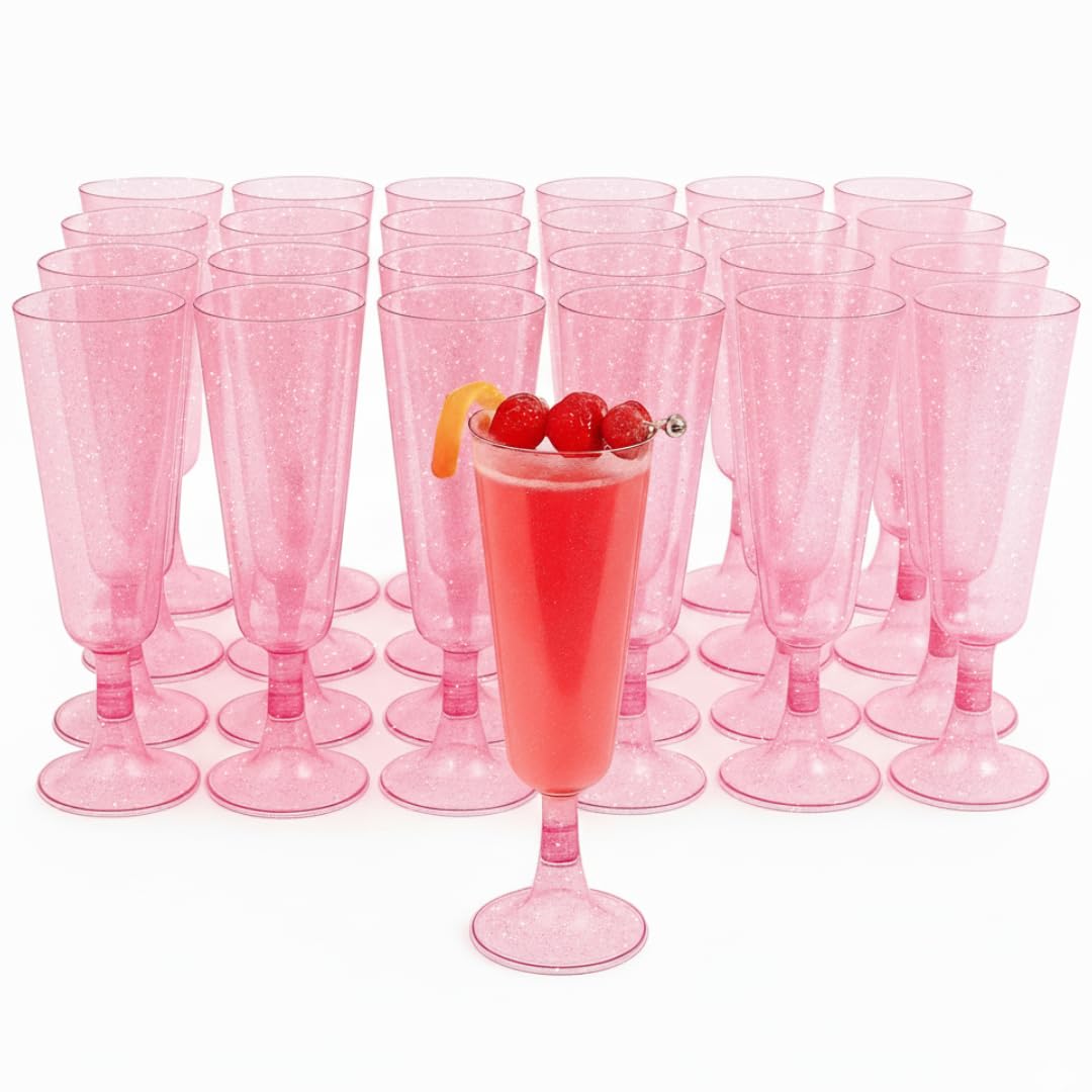 MATANA copas de champán plástico con brillo rosa, ideales para brindis elegantes.