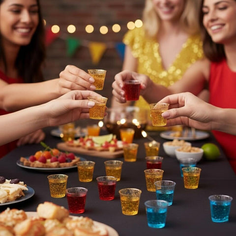 MATANA presentacion aperitivos brillo-oro en vasos plástico reutilizables