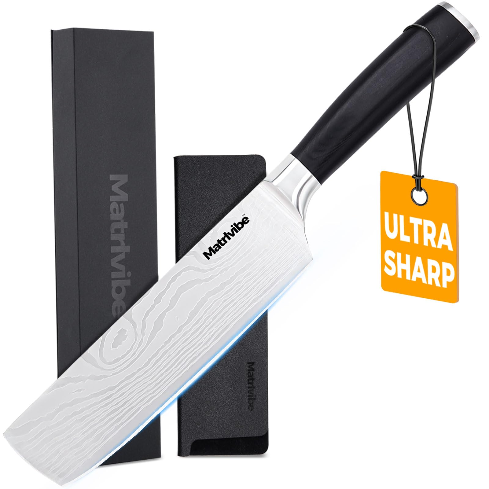 MATRLVIBE Nakiri 7 pulgadas, vista frontal para cortes precisos de verduras.