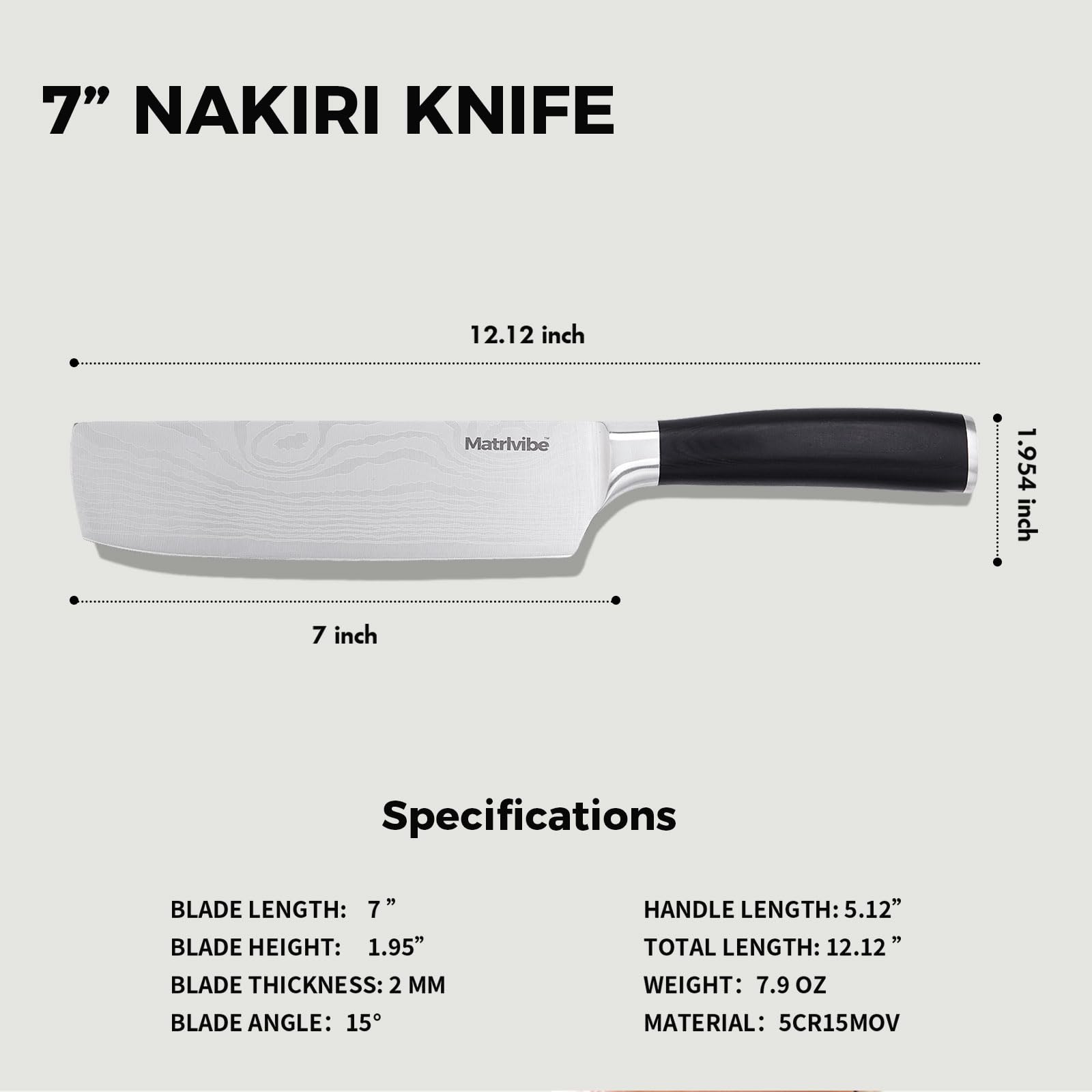 MATRLVIBE Nakiri, borde 15° para afilar con precisión y durabilidad.