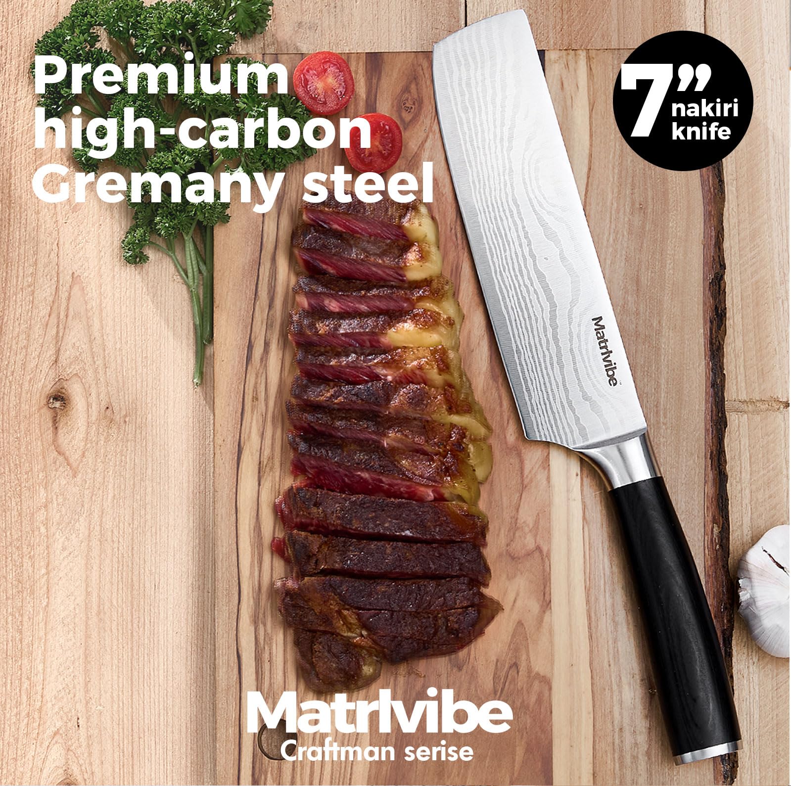 MATRLVIBE Nakiri mango de pakkawood ergonómico para un agarre cómodo.