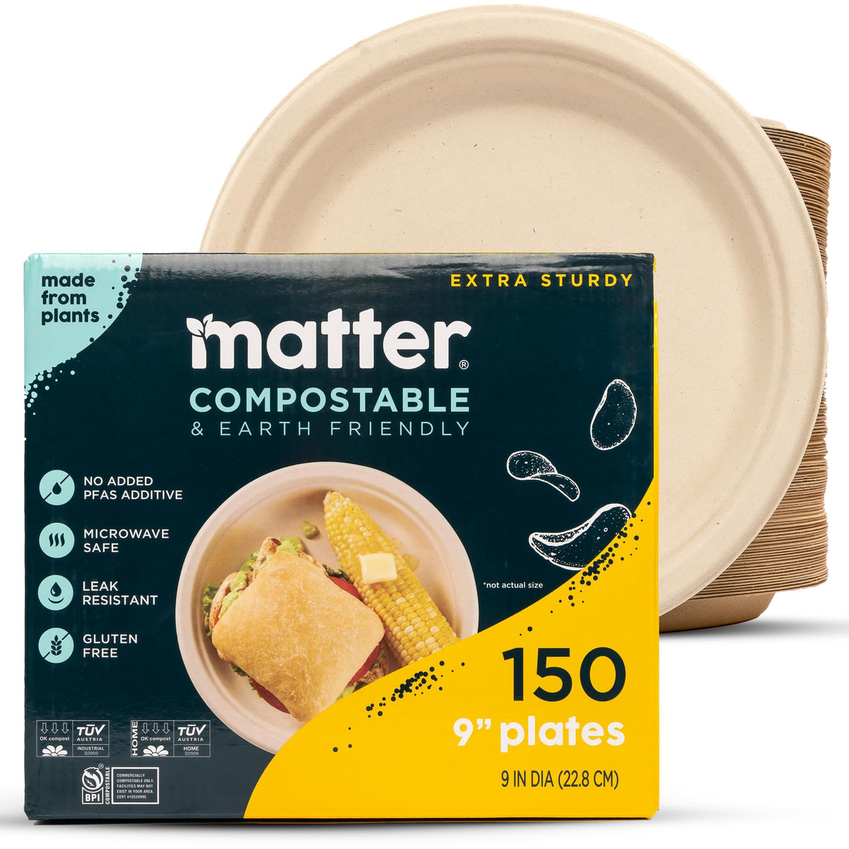 Plato Matter de 9 pulgadas en paquete de 150, ideal para eventos sostenibles.