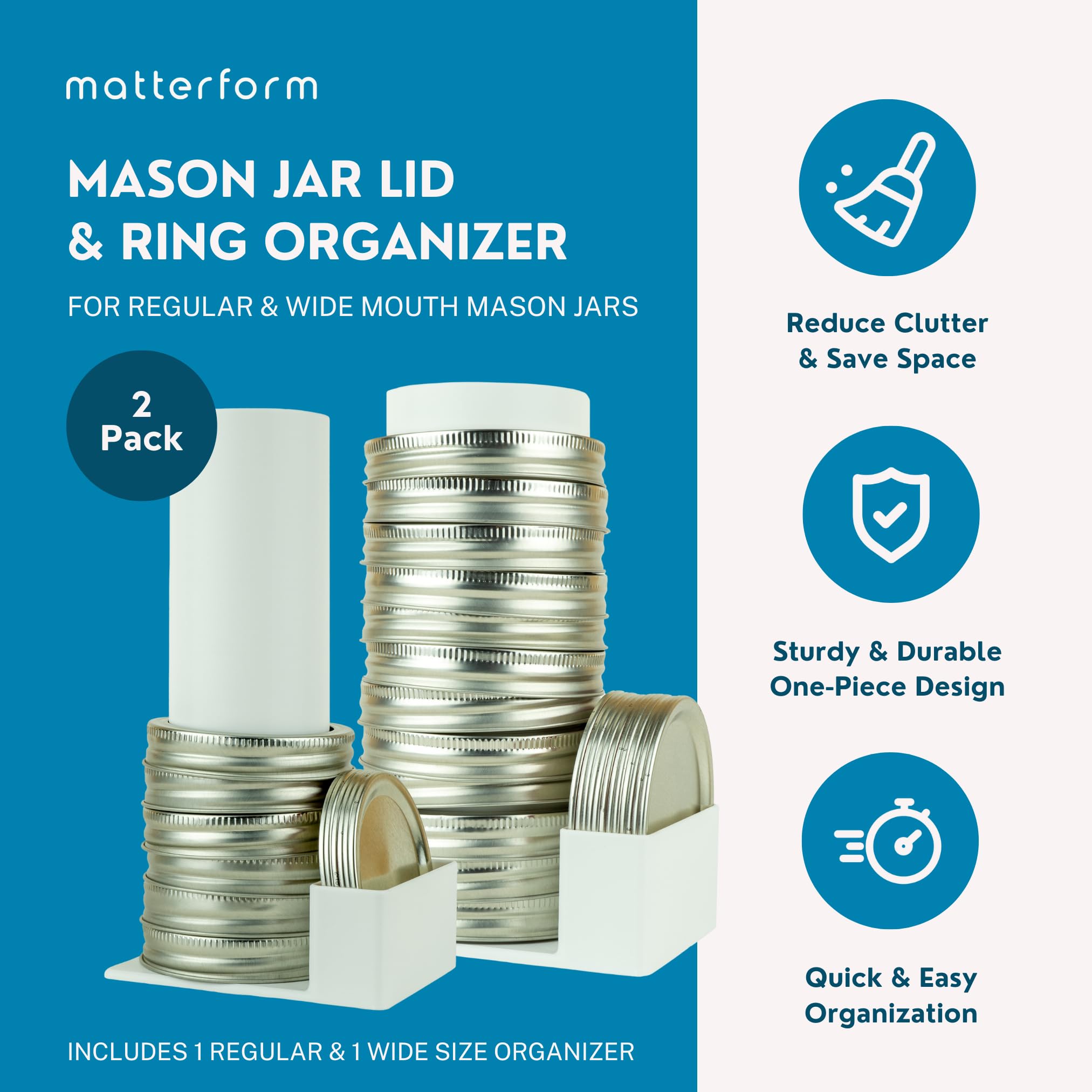 Matterform organizador para tapas y aros, almacenamiento compacto y ordenado.