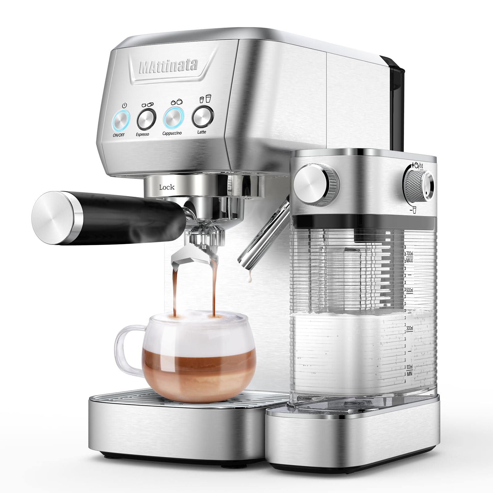 MAttinata cafetera cappuccino 20 bar, vista frontal, ideal para espresso en casa