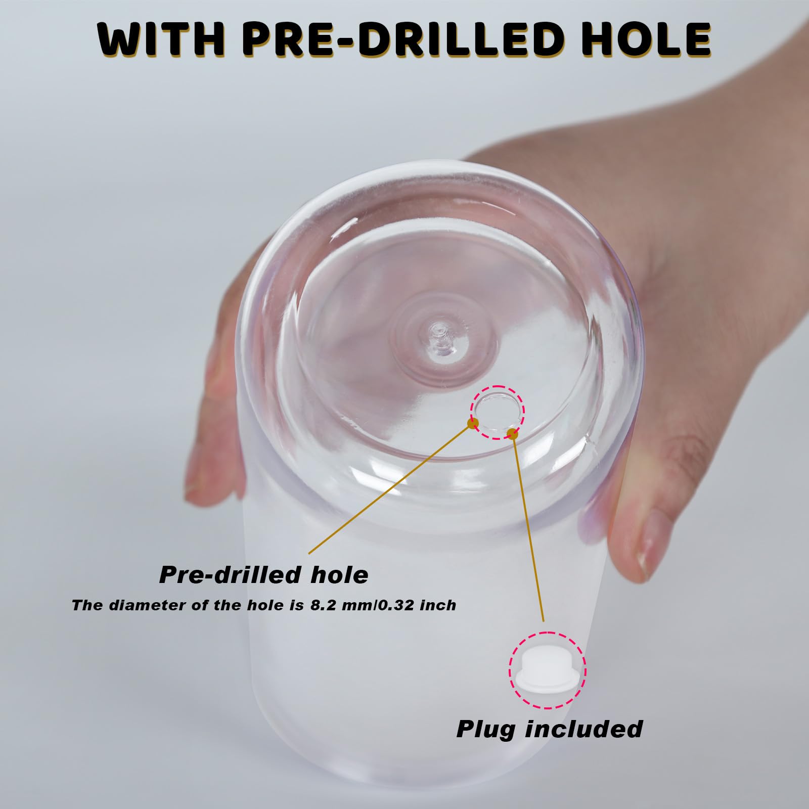 Tapón de silicona incluido para sellar el orificio de forma limpia.