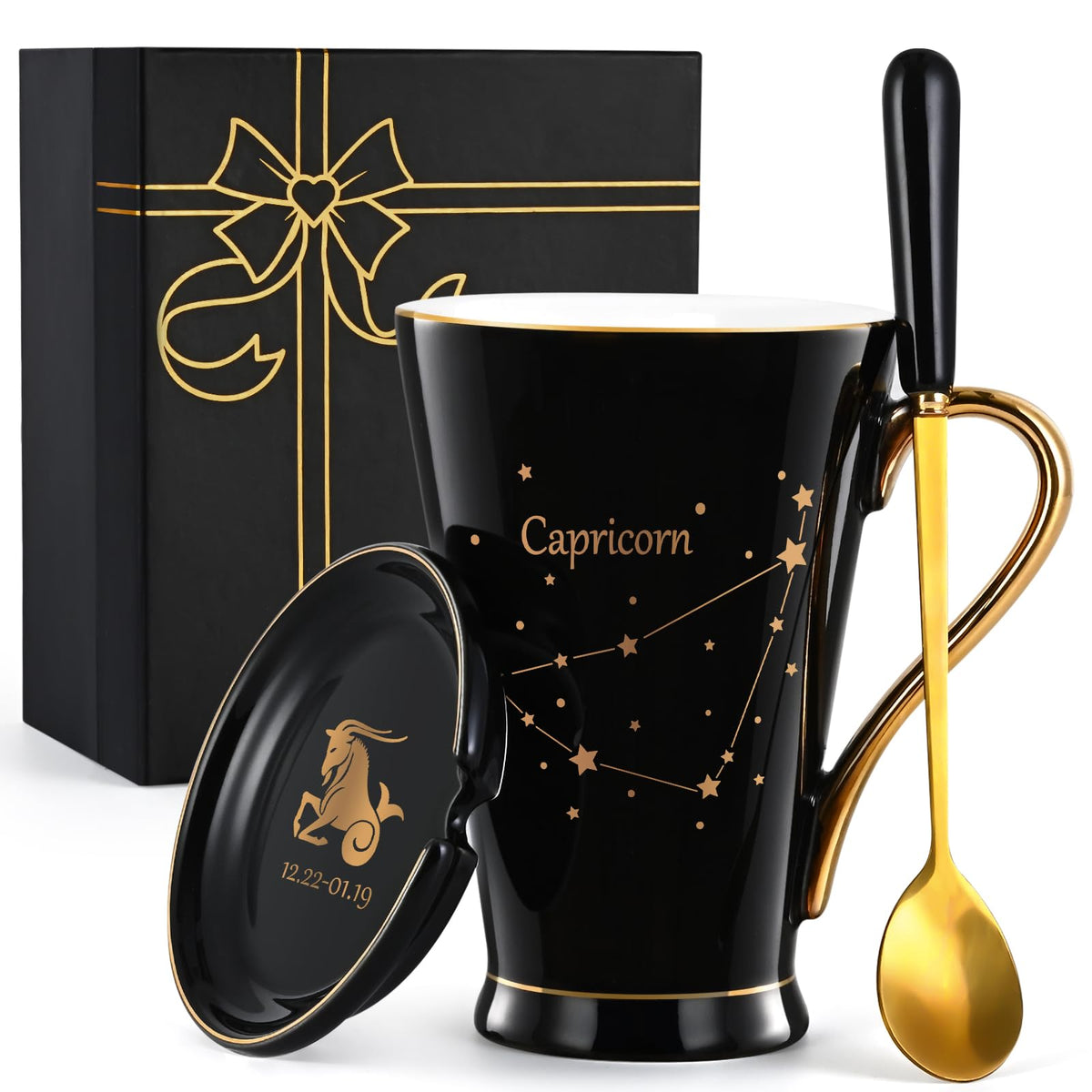 Maustic Capricorn taza de café 12 oz negra con constelación para empezar el día con estilo.