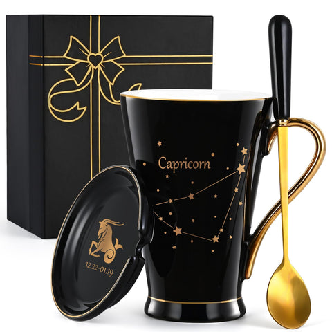 Maustic Capricorn taza de café 12 oz negra con constelación para empezar el día con estilo.