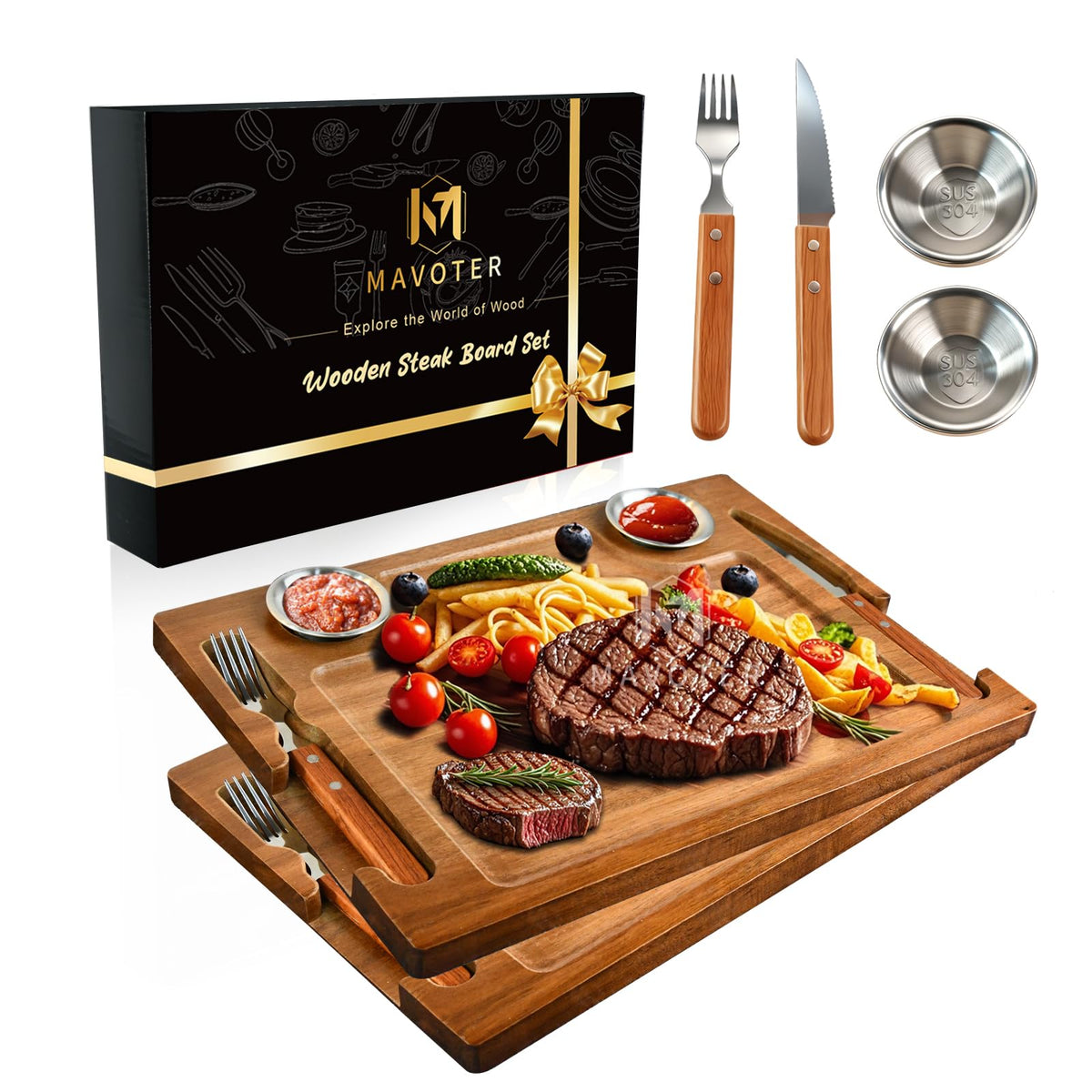Bandeja MAVOTER de filete con acacia, 2 piezas, ideal para servir carne con estilo.