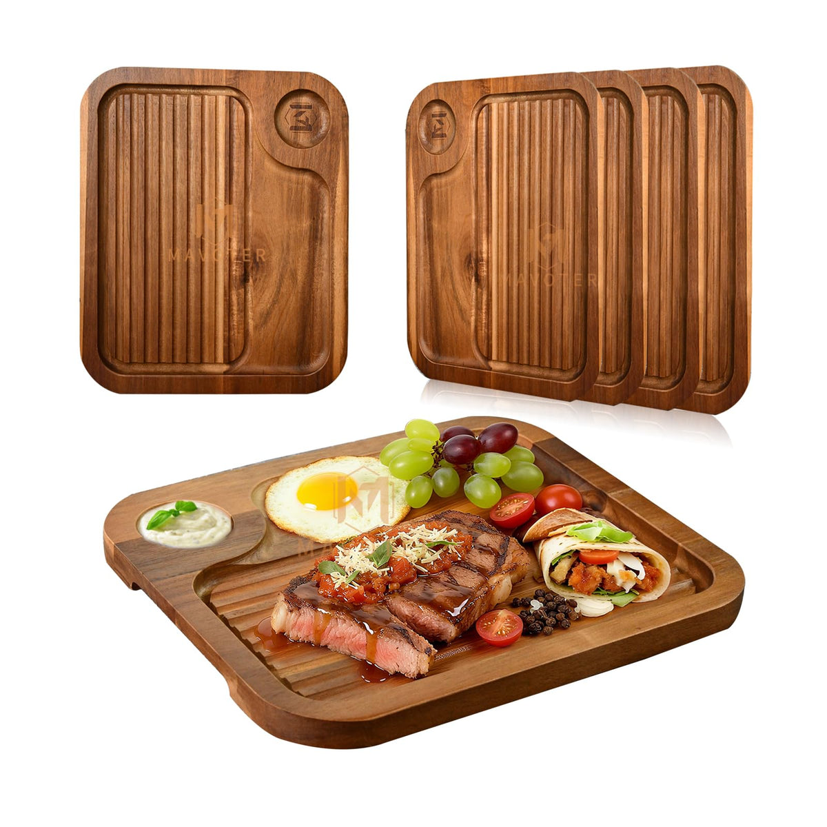 MAVOTER plato-filete-acacia-madera: presentación elegante para filetes jugosos en la mesa.
