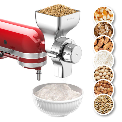 Mavouse molinillo de grano todo-metal para Kitchenaid, vista frontal de molienda en casa.