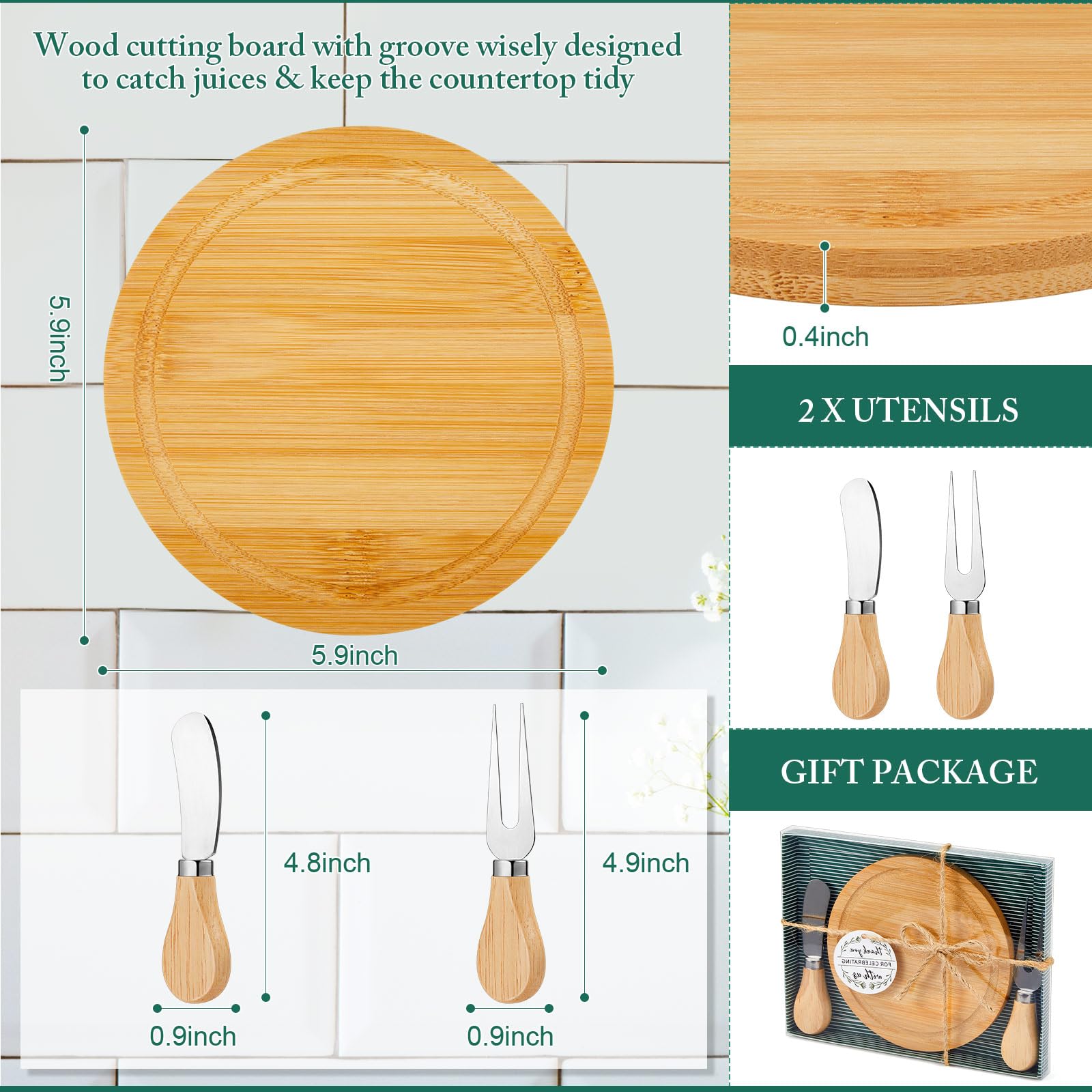 Maxcheck juego cuchillos y tenedores bambú con acero inoxidable, práctico para tablas y porciones.
