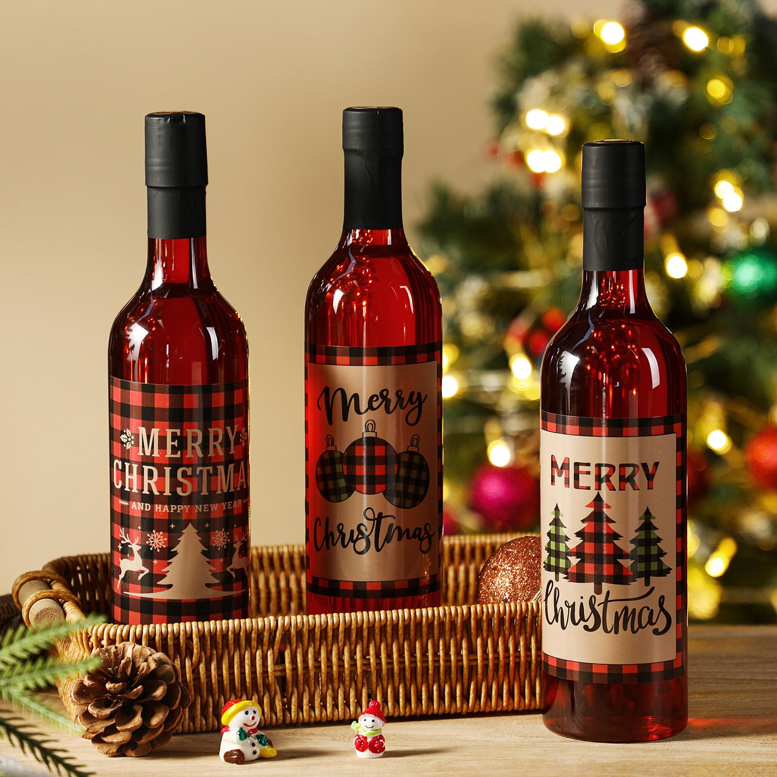 Etiquetas navideñas Maxcheck para vino, 12 diseños festivos para personalizar bebidas.