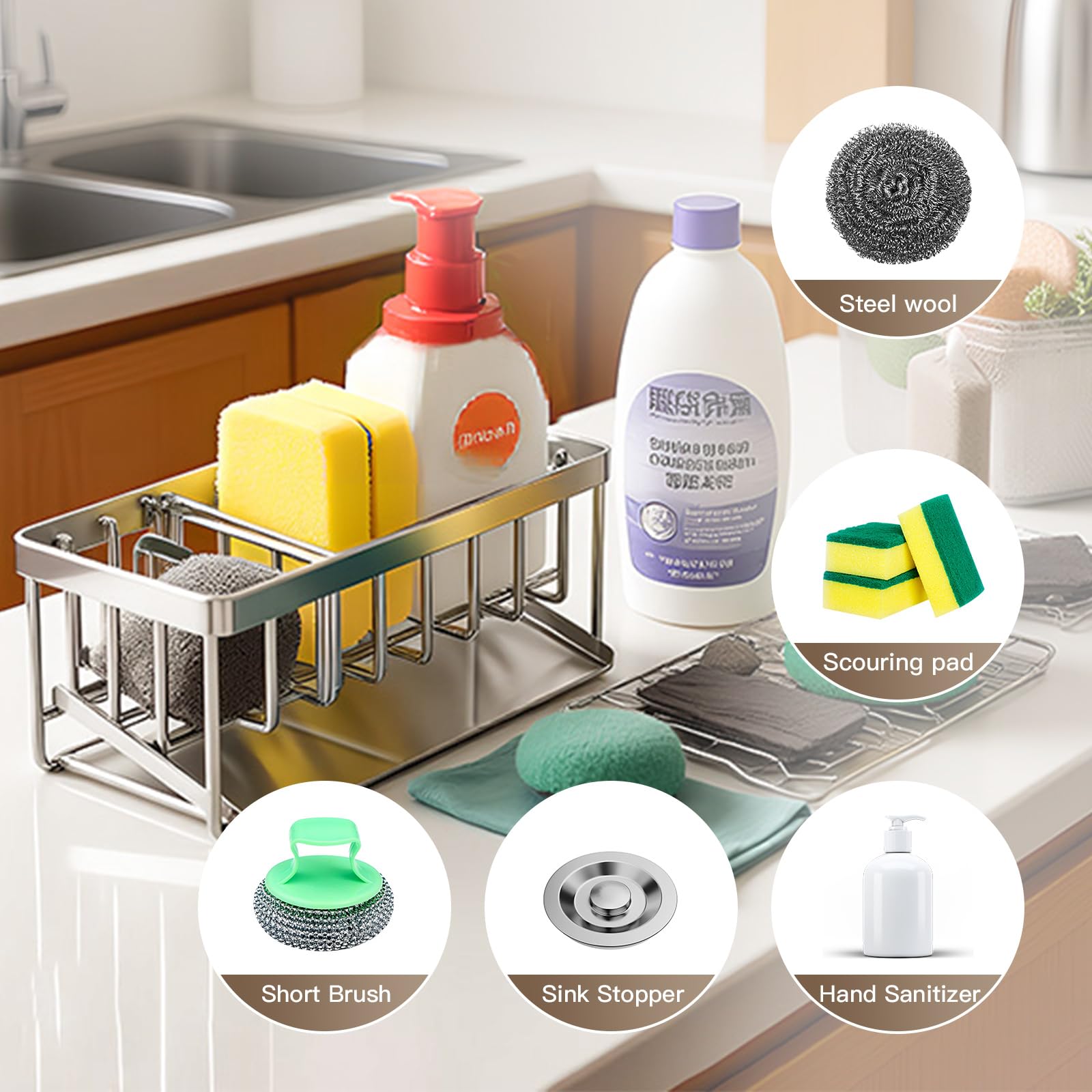MAXCOOK Sink Caddy diseño ajustable para organizar esponjas y limpiadores.