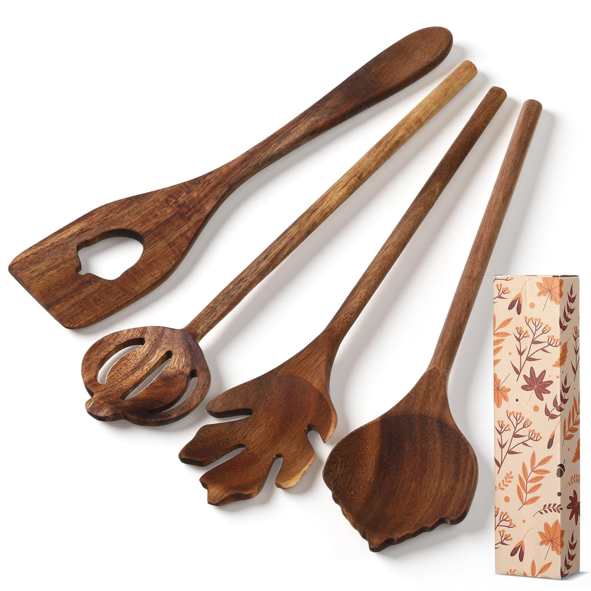 Maxdot cucharas de madera con hojas de arce para mezclar ensaladas.