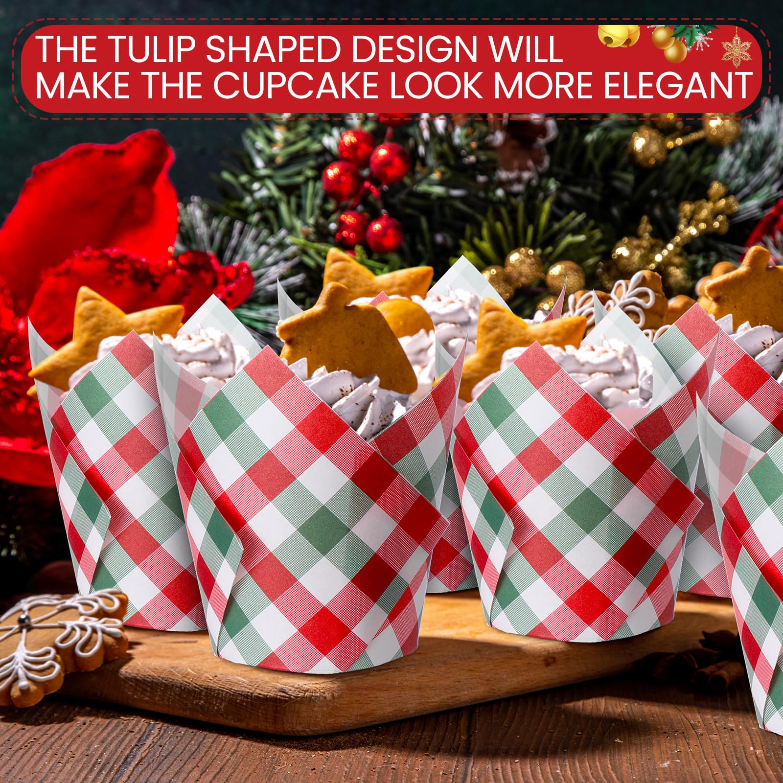 Maxdot forros tulip para magdalenas rojos y verdes a cuadros, diseño elegante que destaca la mesa