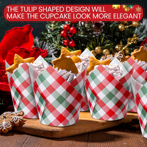 Maxdot forros tulip para magdalenas rojos y verdes a cuadros, diseño elegante que destaca la mesa