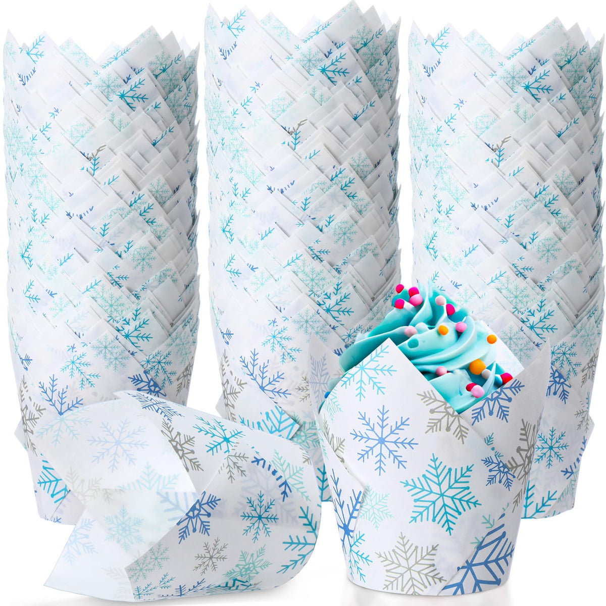 Maxdot forros tulipán con copos de nieve azul, ideales para decorar cupcakes festivos.