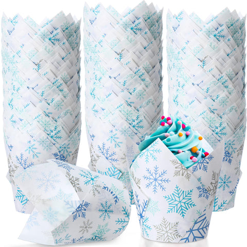 Maxdot forros tulipán con copos de nieve azul, ideales para decorar cupcakes festivos.