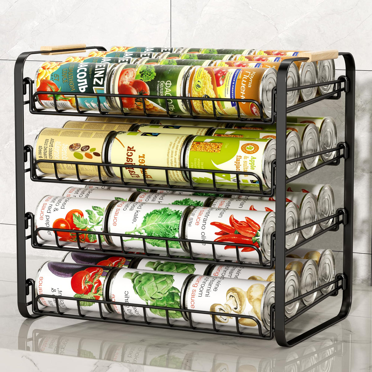 MAXIFFE organizador de latas 4 niveles, vista frontal, ahorro de espacio en despensa.