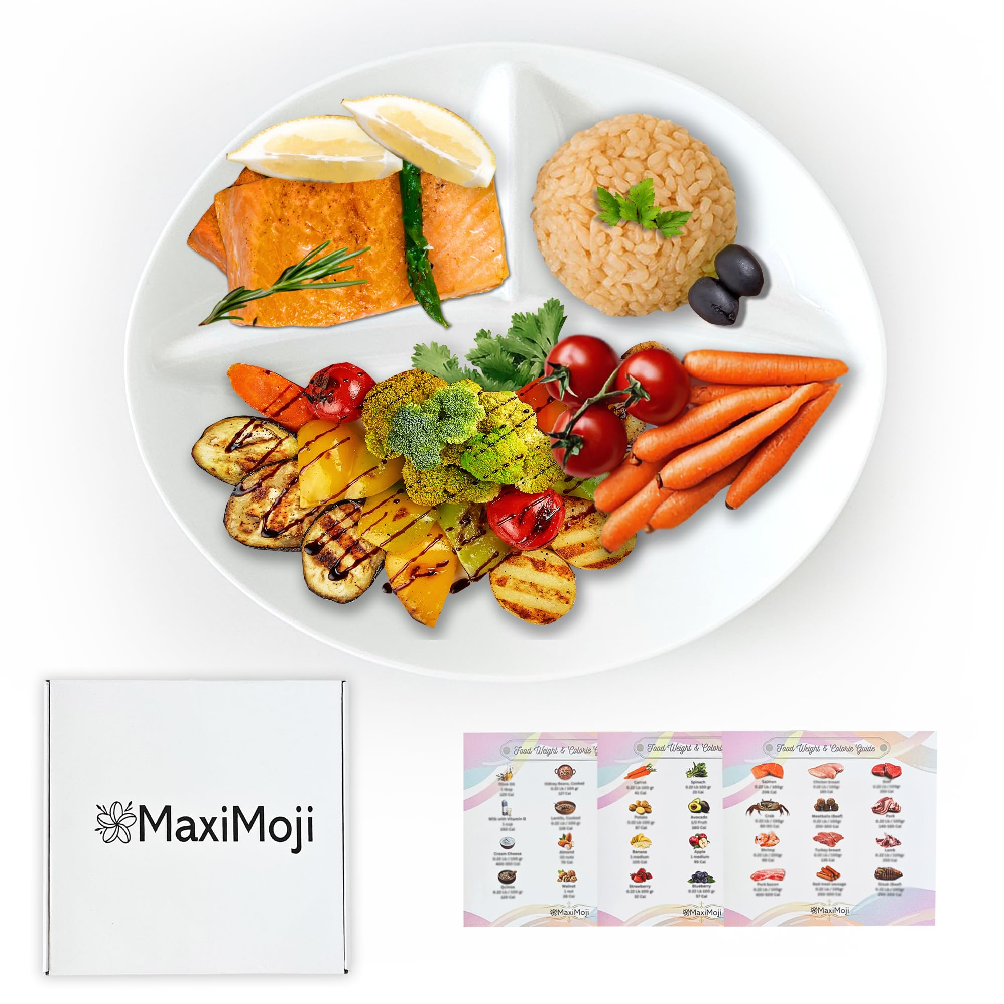 MaxiMoji plato-control de porciones para adultos: separación clara para planificar comidas balanceadas.