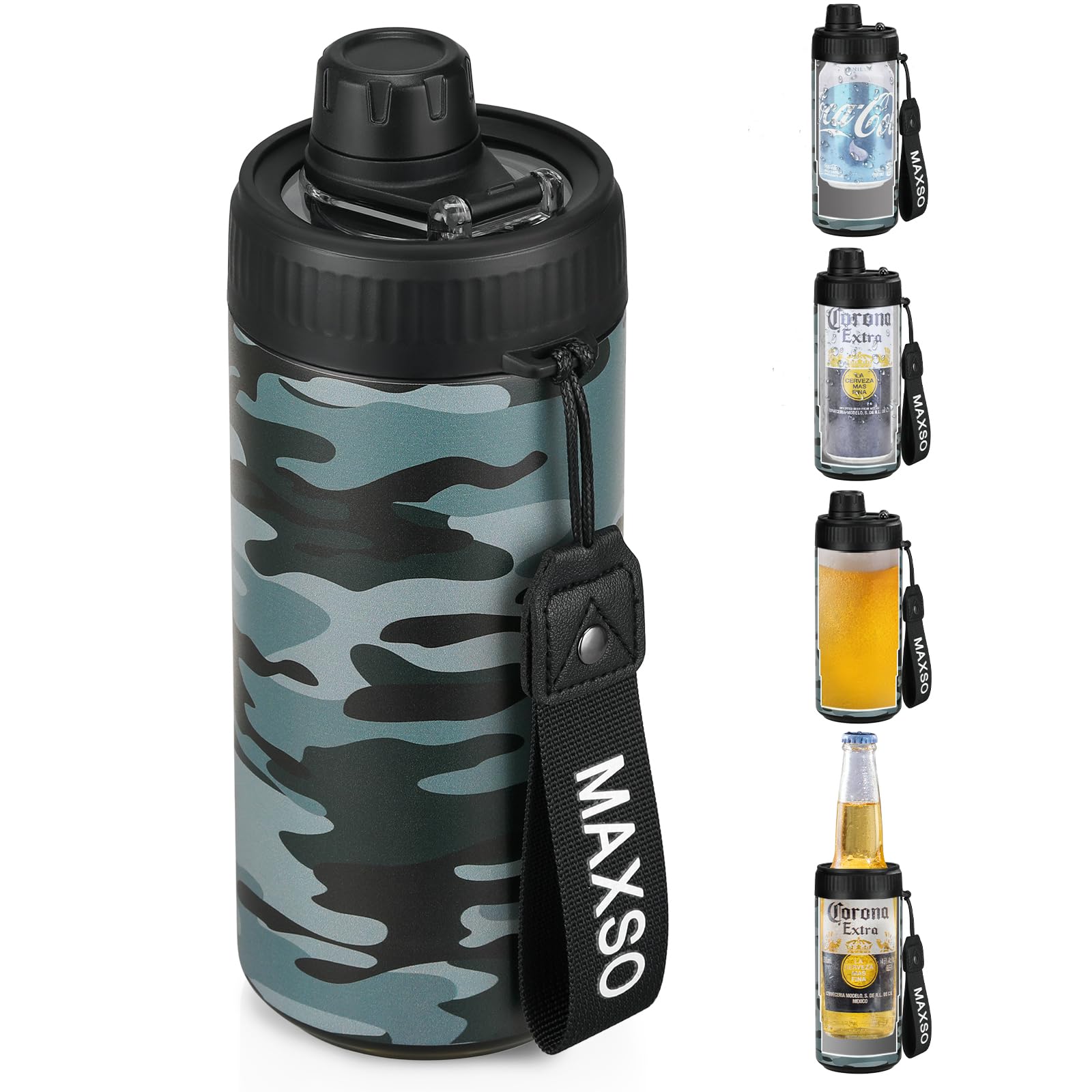 MAXSO enfriador de lata con tapa fizz camuflaje mantiene burbujas y evita derrames