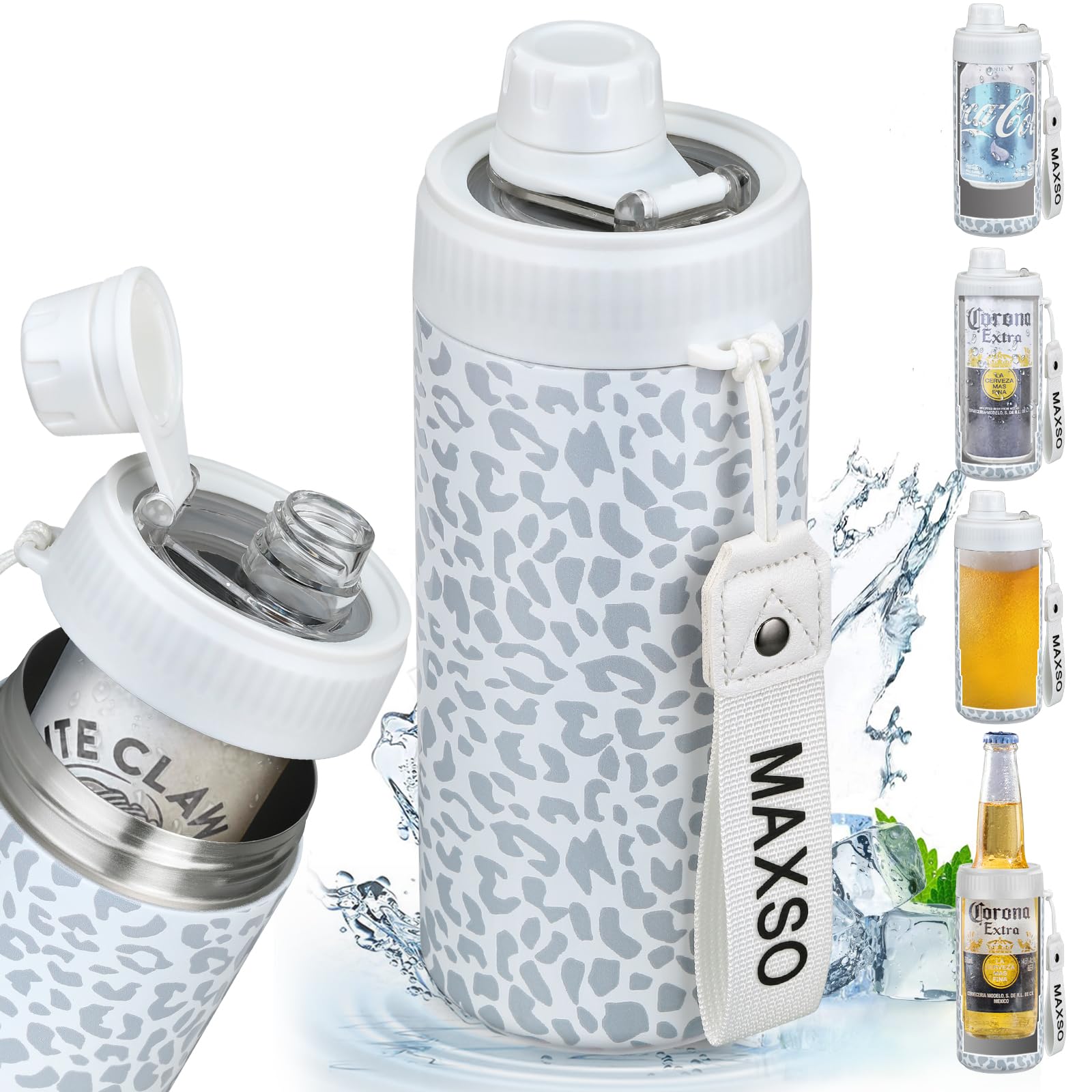 MAXSO enfriador de latas con tapa fizz Leopardo, mantiene la carbonatación y evita derrames.