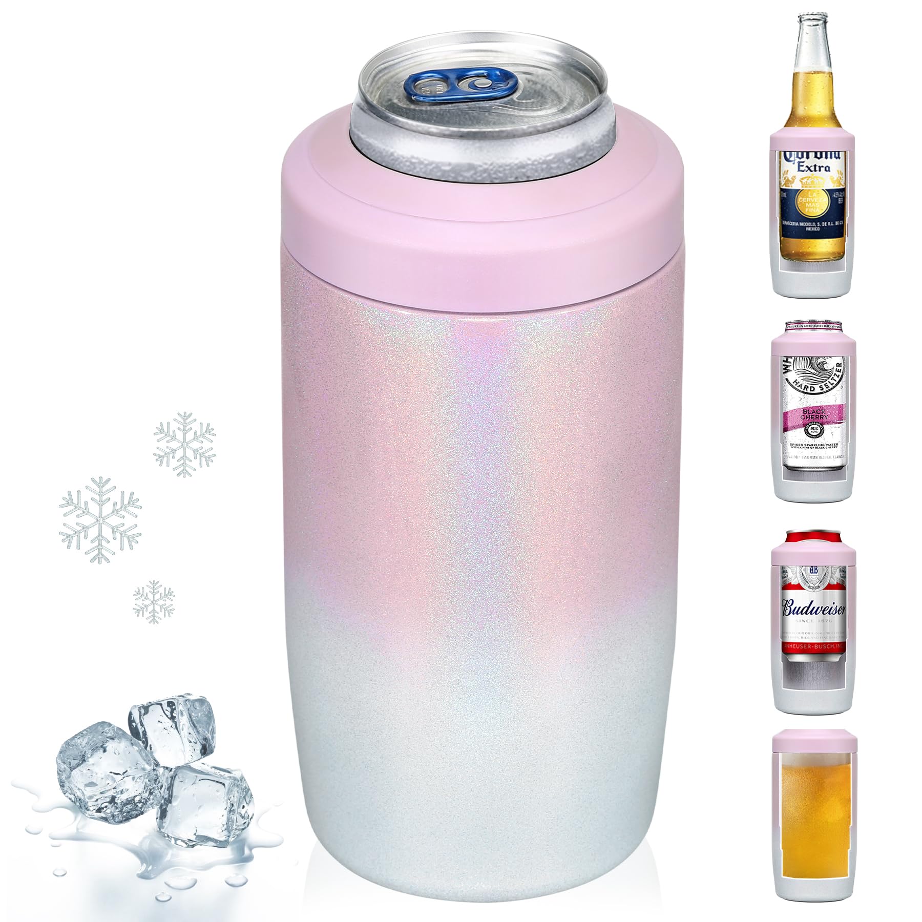 MAXSO Slim Can Cooler con acabado gradual rosa-blanco mantiene la bebida fría y elegante
