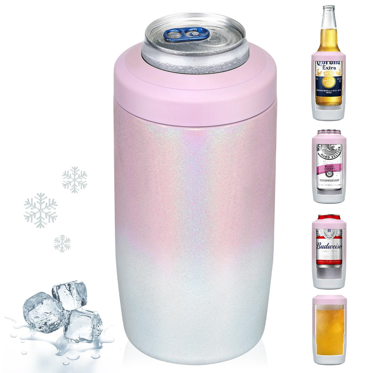 MAXSO Slim Can Cooler con acabado gradual rosa-blanco mantiene la bebida fría y elegante