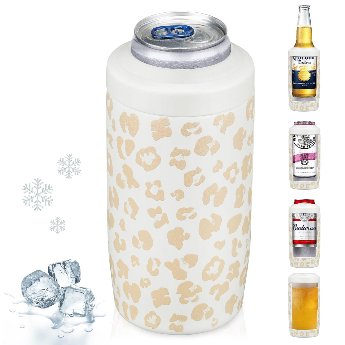 MAXSO Slim Can Cooler Leopardo con junta sellada para bebidas frías.