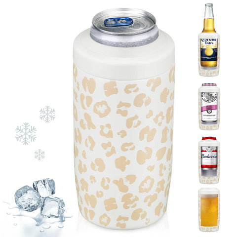 MAXSO Slim Can Cooler Leopardo con junta sellada para bebidas frías.