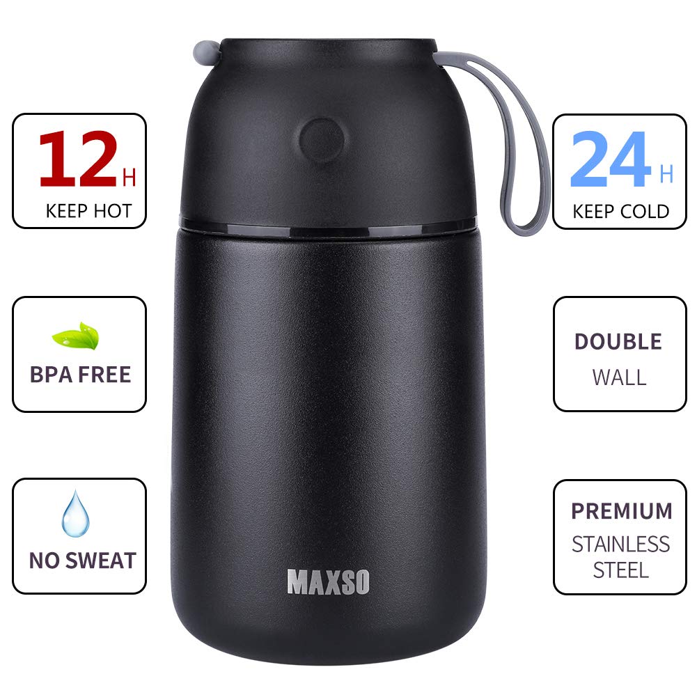 MAXSO 17oz negro, frontal, porción ideal para almuerzo.