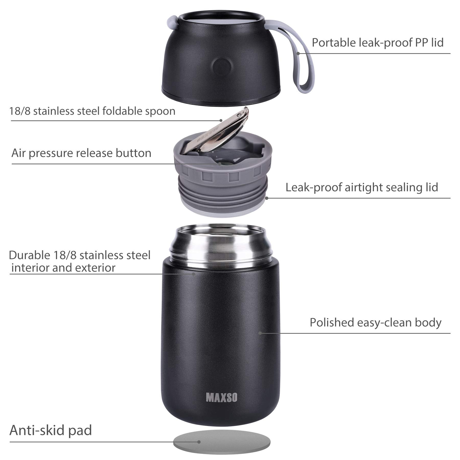 MAXSO 24oz negro, interior acero inoxidable, seguridad alimentaria.